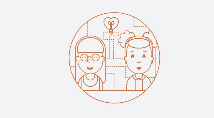 Illustration of two people looking at a heart-shaped light bulb